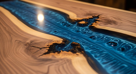 Wooden surface with a blue pattern and lighted candle in itの素材