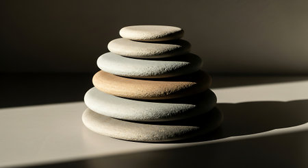 Pyramid of pebbles on a white background with a shadowの素材