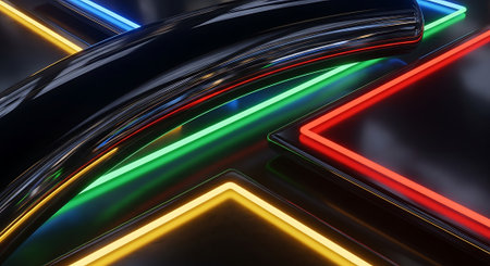 3d rendering of abstract background with glowing neon lines in the darkの素材