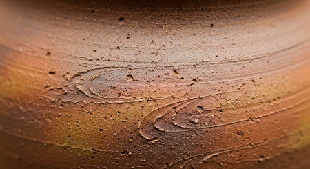 Close up of a clay pot on a terracotta table.の素材