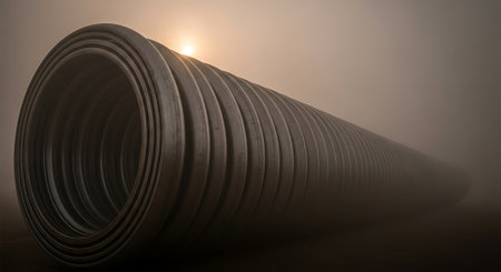 Rolls of black plastic pipes on a foggy background. 3d renderingの素材
