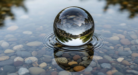 Crystal ball with reflection of a forest in the water. 3d renderingの素材