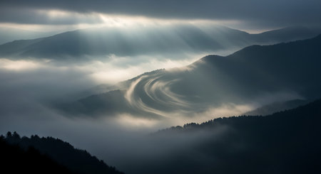Landscape of foggy mountains in the evening with sunbeamsの素材