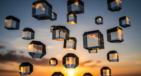 Paper lanterns floating in the air at sunset sky. Abstract background.の素材