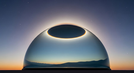 Glass sphere with mountains in the background. 3d rendering. Computer digital drawing.の素材