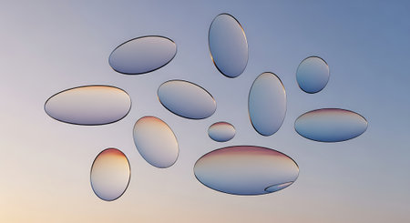 Water drops on a blue sky background. 3d rendering, 3d illustration.の素材