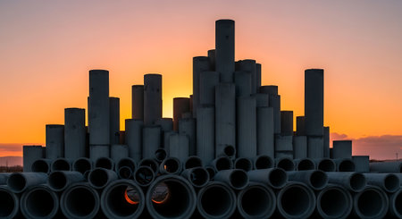 Concrete pipes stacked in a row against the background of the setting sunの素材