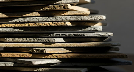 Pile of stone plates on the table, close up view.の素材