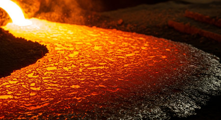 Hot molten metal in a smelter, closeup of photoの素材
