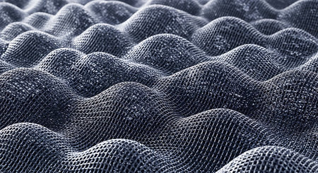 Close-up of a blue fabric mesh with water droplets.の素材