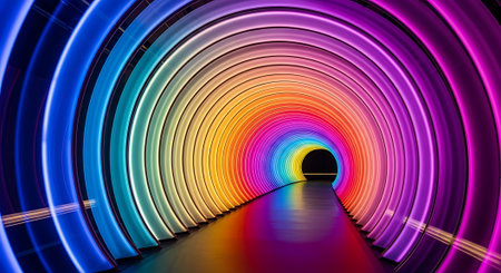 3d render, abstract background, tunnel with colorful lights, neon lightの素材