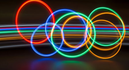 Abstract background with colorful neon circles. 3D rendering. Neon lightsの素材