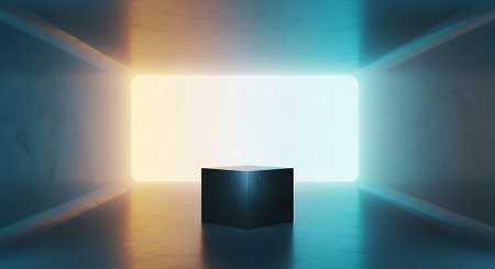 3d rendering of a dark empty room with a black cube in the centerの素材