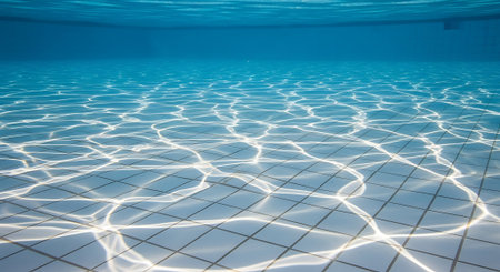 Underwater view of a swimming pool with tiles and light reflections.の素材