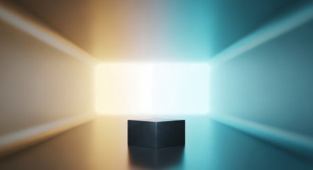 3d rendering of a black cube in a room lit by a bright lightの素材