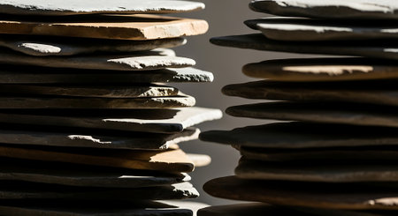Ceramic tiles stacked on each other forming a background image.の素材