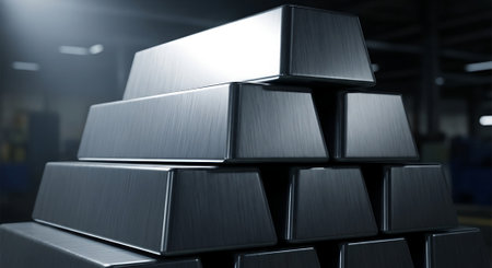 Stack of black metal bars in warehouse. 3D rendering image.の素材