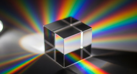 Abstract 3d illustration of a metal cube with a blurred rainbow backgroundの素材