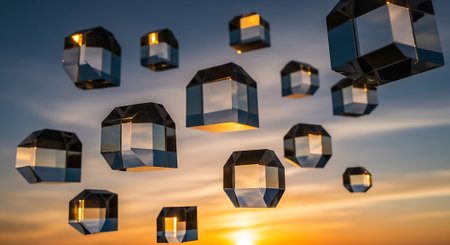 3d illustration of a group of glass cubes in the air.の素材