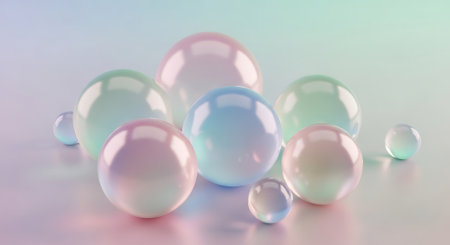 3d rendering of pink and blue balls on pastel background.の素材