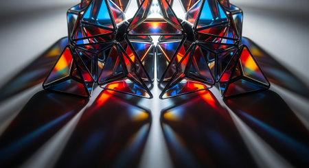 3d rendering of abstract geometric shapes in black and red neon lightの素材