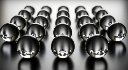 Group of black and white glass balls on a black background. 3d illustrationの素材