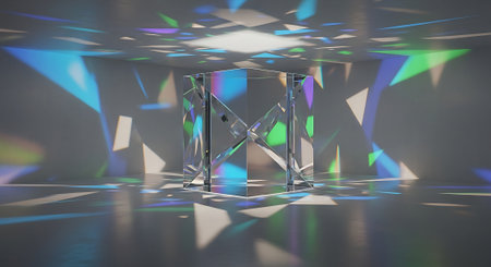 3d render, abstract background, empty room with glass cube, neon lightsの素材