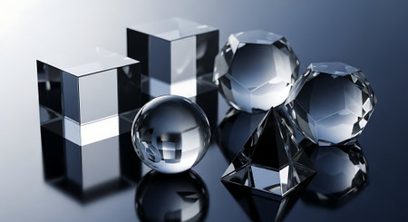 3d illustration of abstract geometric background with crystal balls and black cubesの素材