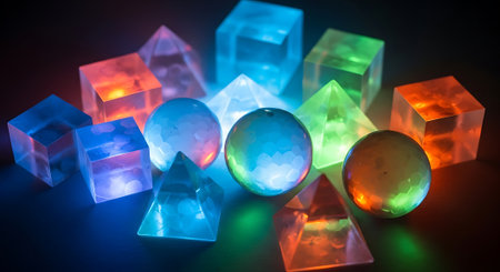 Colorful magic crystal ball on black background. Crystal ball as a symbol of fortune.の素材