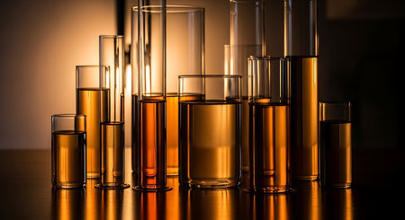 Test-tubes with liquid on table in laboratory, closeupの素材