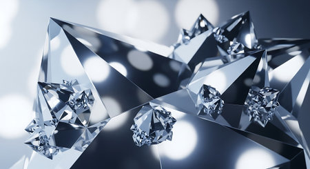 3d rendering of crystals in blue light background with bokehの素材