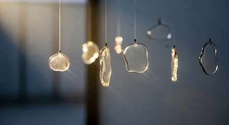 Light bulbs hanging on a ceiling in a room with a blurred backgroundの素材