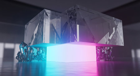 3d rendering of abstract geometric shapes in blue and pink neon lightの素材