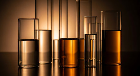 Test-tubes with yellow liquid on a dark background. Chemical laboratory.の素材