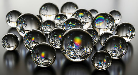 Macro shot of a group of transparent glass balls with rainbow reflectionsの素材