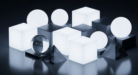 3d rendering of geometric shapes with crystal ball on dark background.の素材