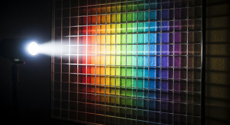 Spotlight on the wall of a room with a rainbow colored wallの素材