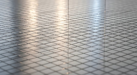 3D rendering of a reflective surface made of metal grid with reflectionsの素材