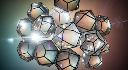 3D rendering of shiny crystals with rays of light on background.の素材