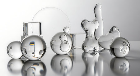 3d illustration of glass figures in white background with reflection and shadowの素材