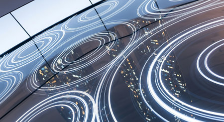 Abstract light trails on the modern building background. 3d rendering.の素材