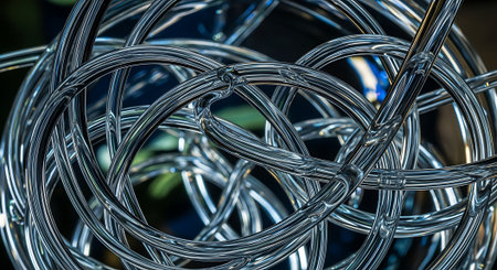Close-up of a metal cable in a shop window. Abstract backgroundの素材