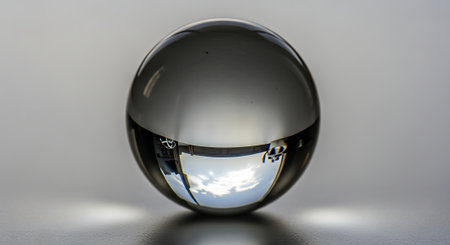 Glass sphere with reflection on a gray background. 3D rendering.の素材