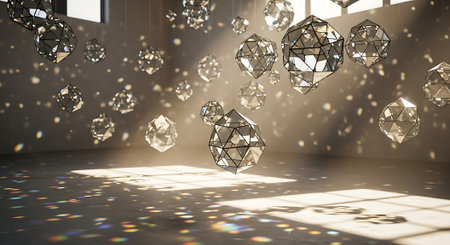 3D rendering of low poly crystal objects in a room with sunlightの素材