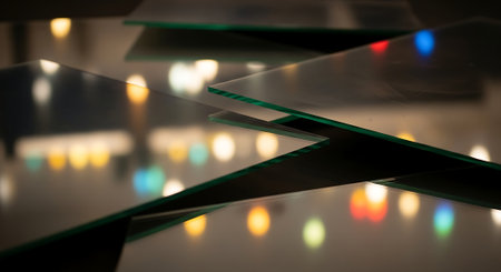 Abstract image of a glass table with colorful lights in the background.の素材