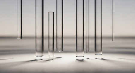 3d render of glass test tubes on a white background with reflectionの素材