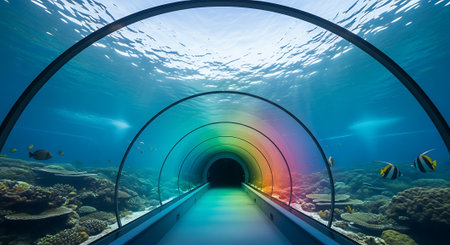 Underwater tunnel with coral reef and tropical fish. 3d renderの素材