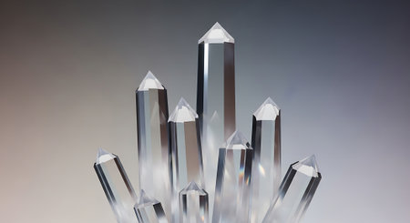 3d rendering of crystals in a row on a gray background.の素材