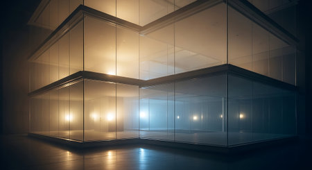 3d render of empty room with glass walls and floor, illuminated by lampsの素材