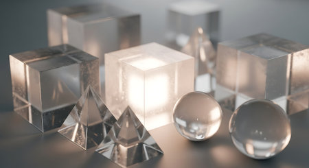 3d illustration of abstract geometric composition with glass cubes and crystal ballsの素材